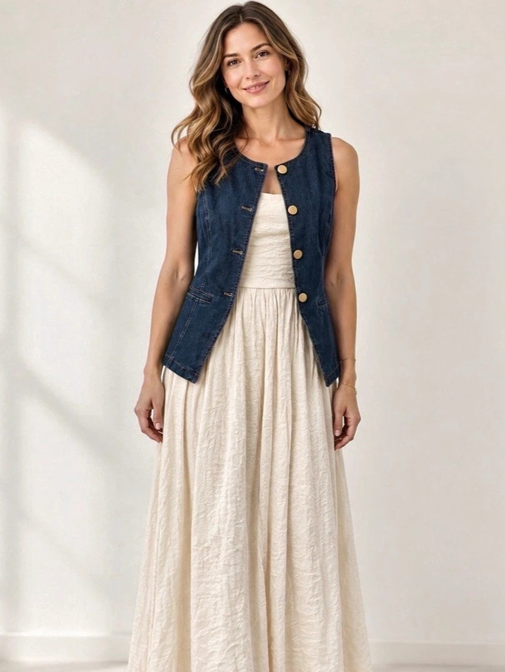 Thirty Thirty Denim scoopneck button-front vest with dress
